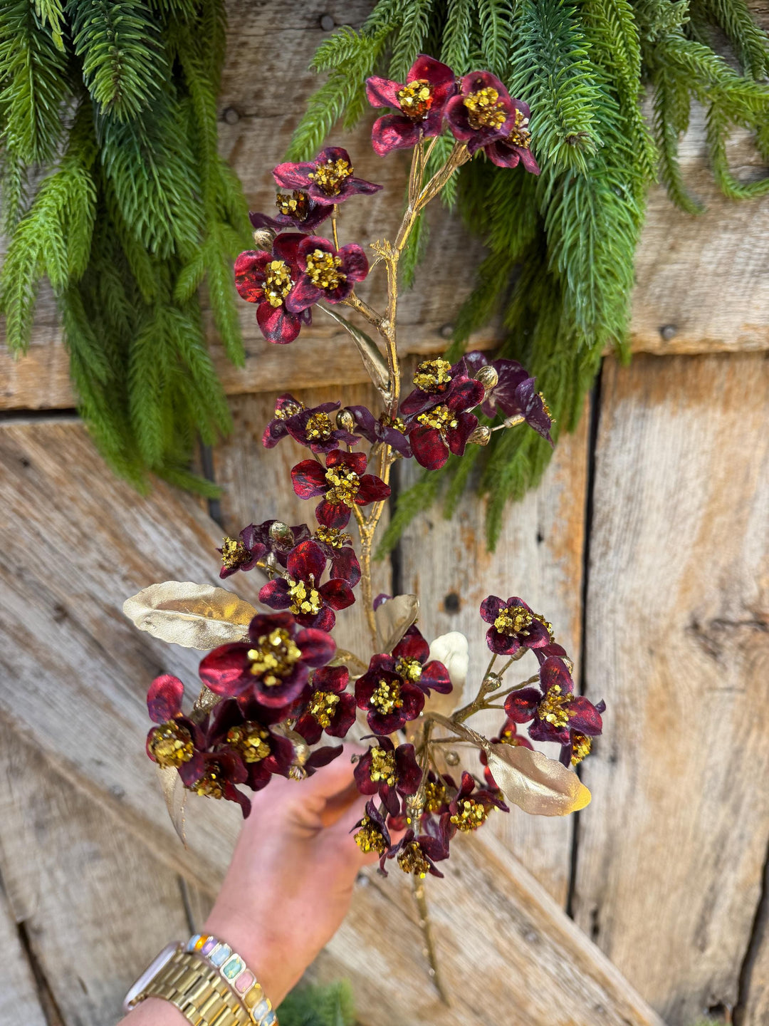 27" Burgundy Blossom Spray, Burgundy Christmas Floral Spray