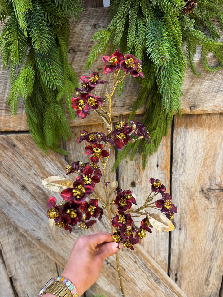 27" Burgundy Blossom Spray, Burgundy Christmas Floral Spray