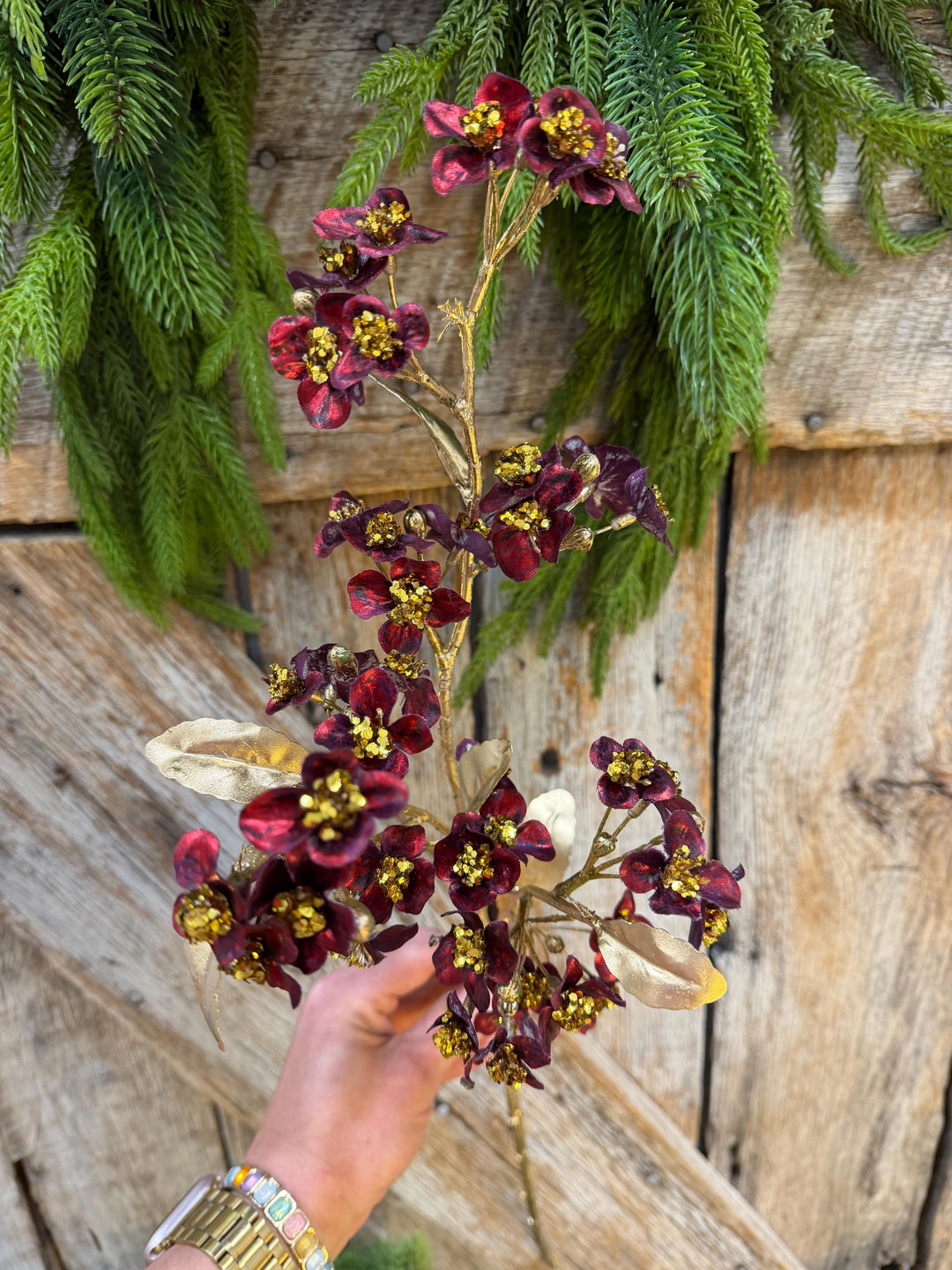 27" Burgundy Blossom Spray, Burgundy Christmas Floral Spray