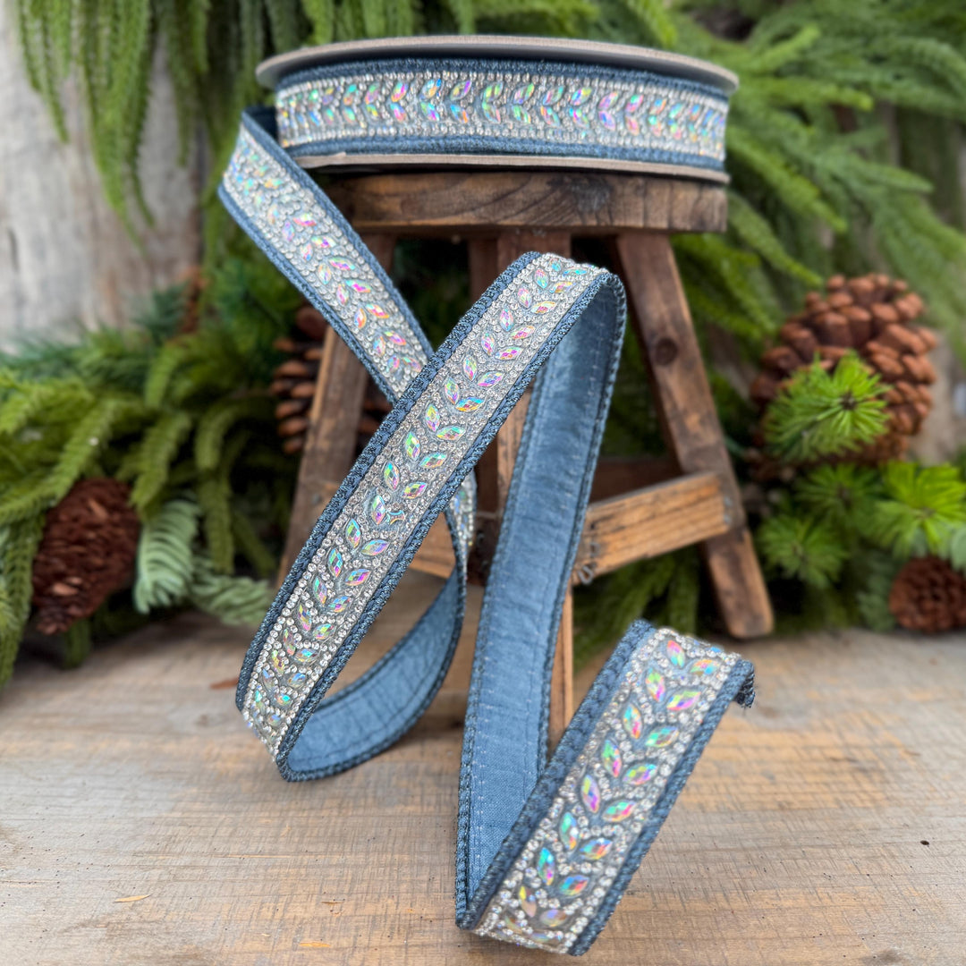 1" Steel Blue Jeweled Ribbon, Blue Mystic Diamonds Ribbon, Farrisilk Ribbon