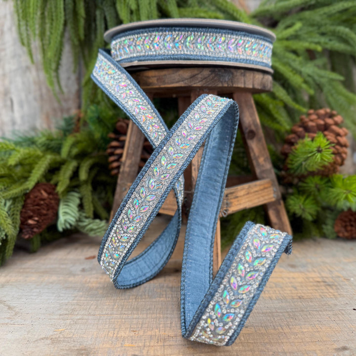 1" Steel Blue Jeweled Ribbon, Blue Mystic Diamonds Ribbon, Farrisilk Ribbon