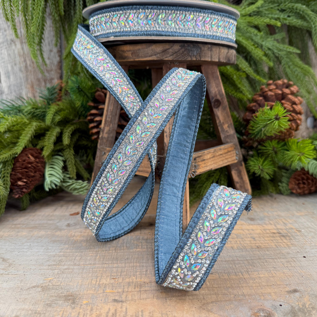 1" Steel Blue Jeweled Ribbon, Blue Mystic Diamonds Ribbon, Farrisilk Ribbon