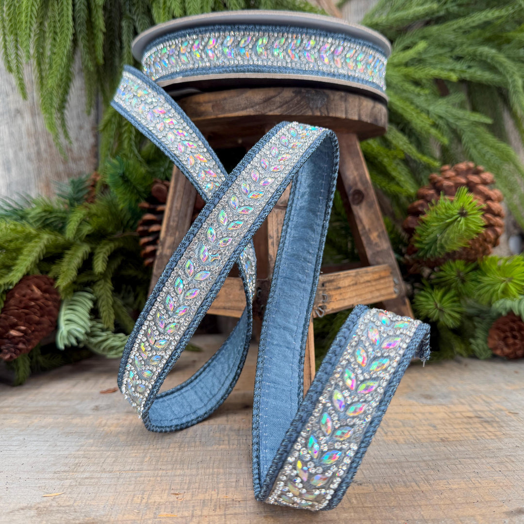 1" Steel Blue Jeweled Ribbon, Blue Mystic Diamonds Ribbon, Farrisilk Ribbon