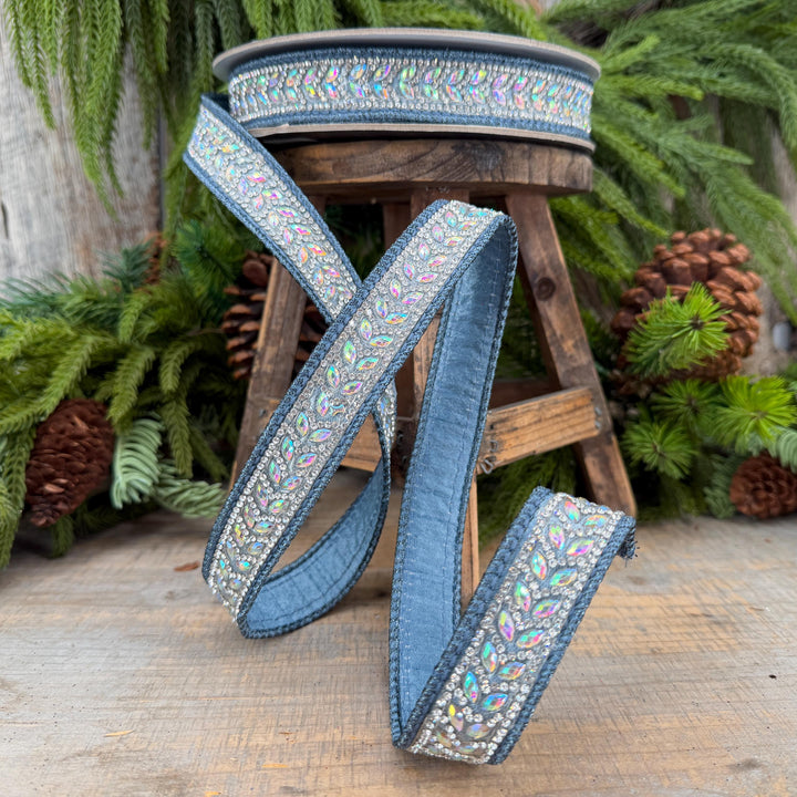 1" Steel Blue Jeweled Ribbon, Blue Mystic Diamonds Ribbon, Farrisilk Ribbon