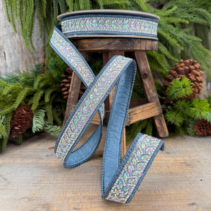 1" Steel Blue Jeweled Ribbon, Blue Mystic Diamonds Ribbon, Farrisilk Ribbon