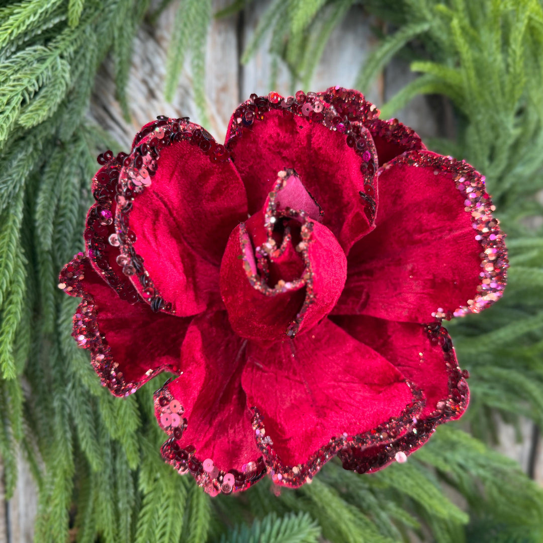 7" Jubilee Rose Ruby Velvet Flower, Farrisilk Christmas Rose