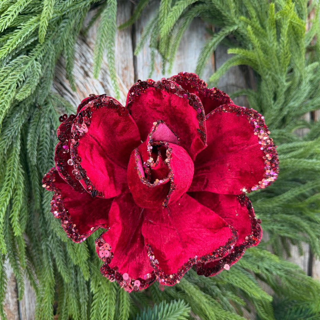 7" Jubilee Rose Ruby Velvet Flower, Farrisilk Christmas Rose