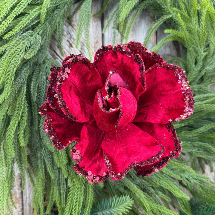 7" Jubilee Rose Ruby Velvet Flower, Farrisilk Christmas Rose