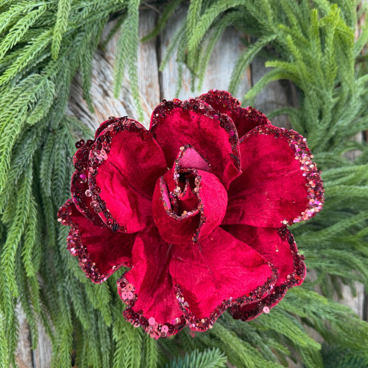7" Jubilee Rose Ruby Velvet Flower, Farrisilk Christmas Rose