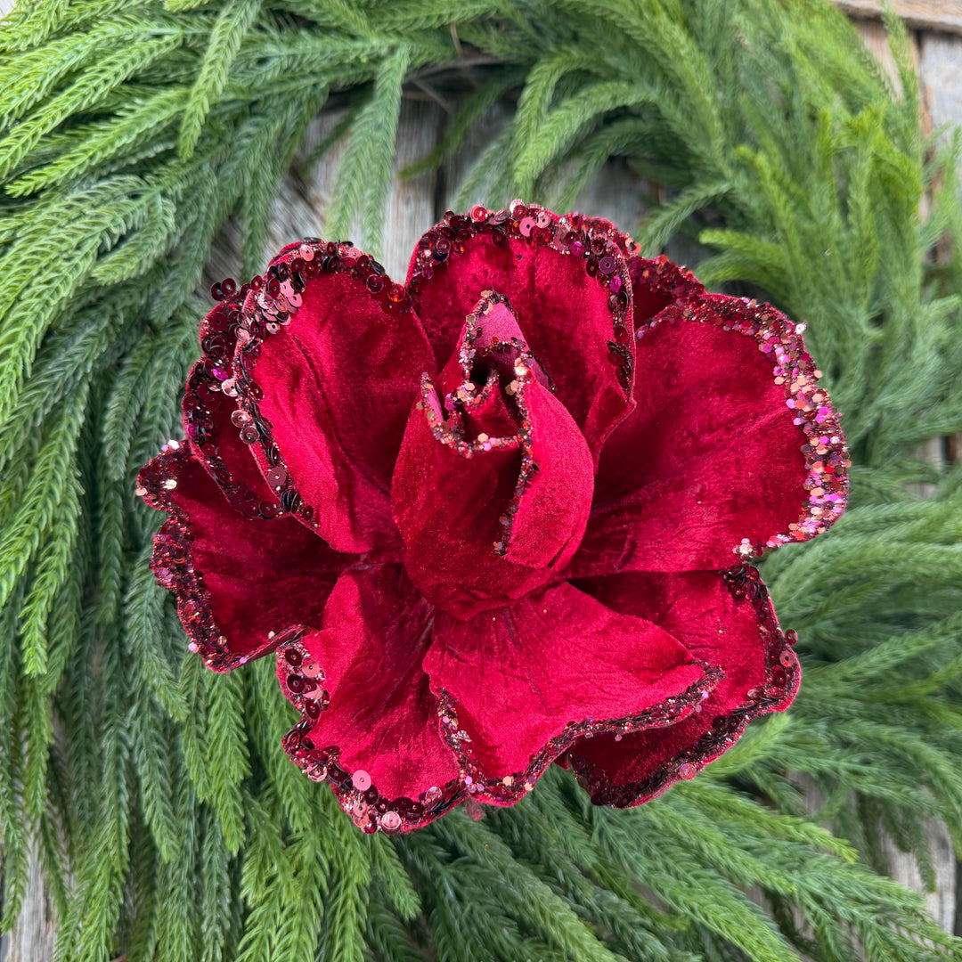 7" Jubilee Rose Ruby Velvet Flower, Farrisilk Christmas Rose