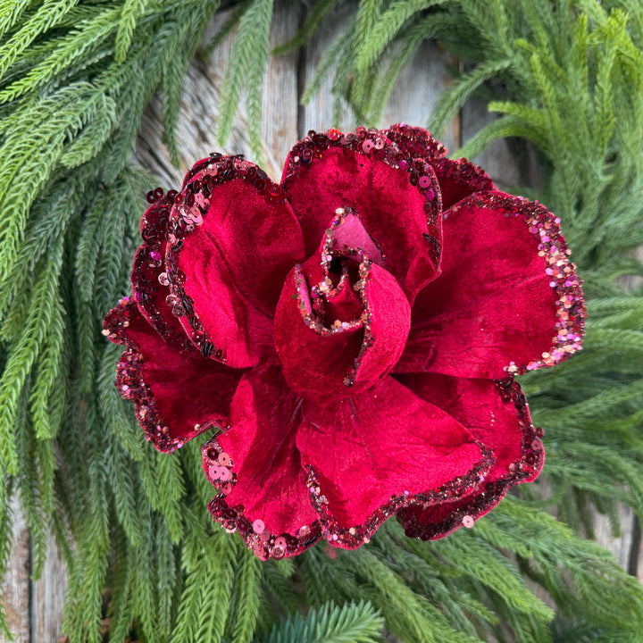 7" Jubilee Rose Ruby Velvet Flower, Farrisilk Christmas Rose