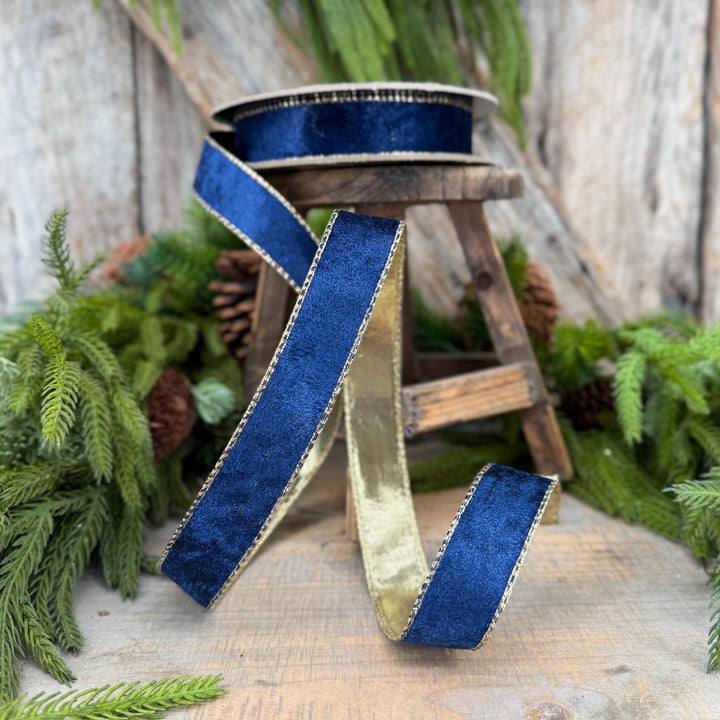 1" Navy Blue Velet ribbon with metallic gold backing