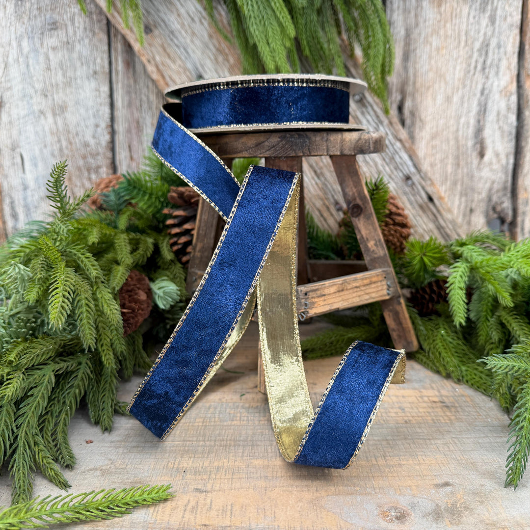 1" Navy Blue Velet ribbon with metallic gold backing