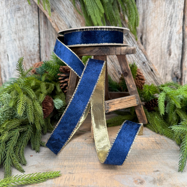 1" Navy Blue Velet ribbon with metallic gold backing