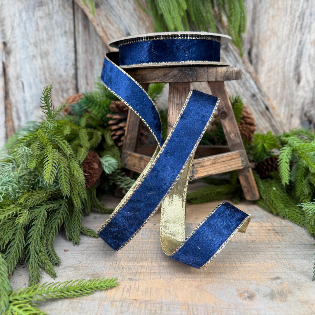 1" Navy Blue Velet ribbon with metallic gold backing
