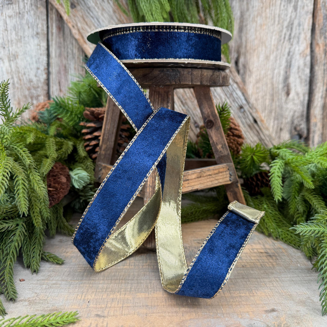 1" Navy Blue Velet ribbon with metallic gold backing