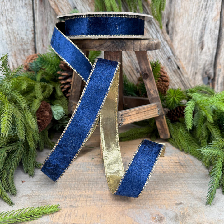 1" Navy Blue Velet ribbon with metallic gold backing