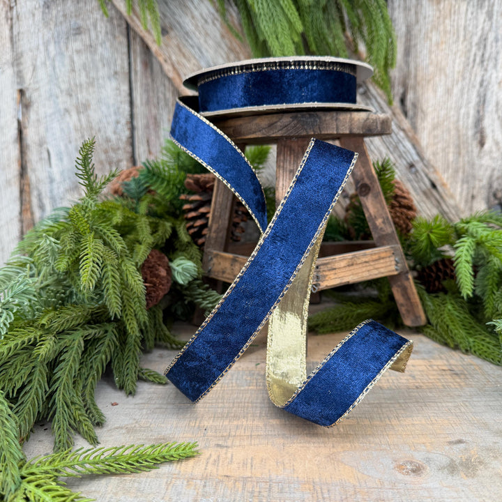 1" Navy Blue Velet ribbon with metallic gold backing