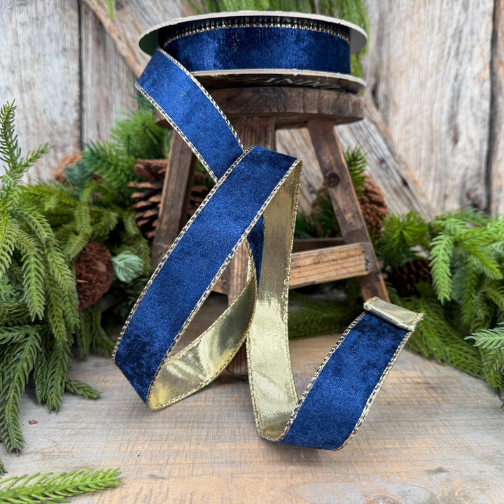 1" Navy Blue Velet ribbon with metallic gold backing