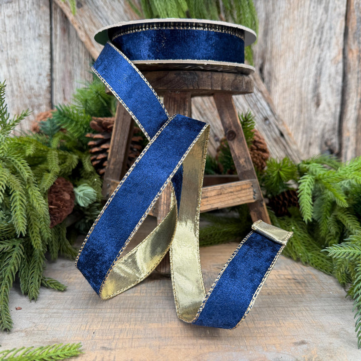 1" Navy Blue Velet ribbon with metallic gold backing