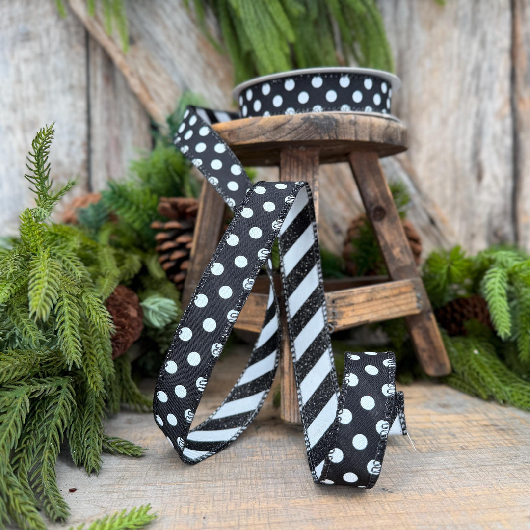 7/8" Black White Polka Dot &amp; Glitter Candy Stripe Wired Ribbon, 10 Yard Roll