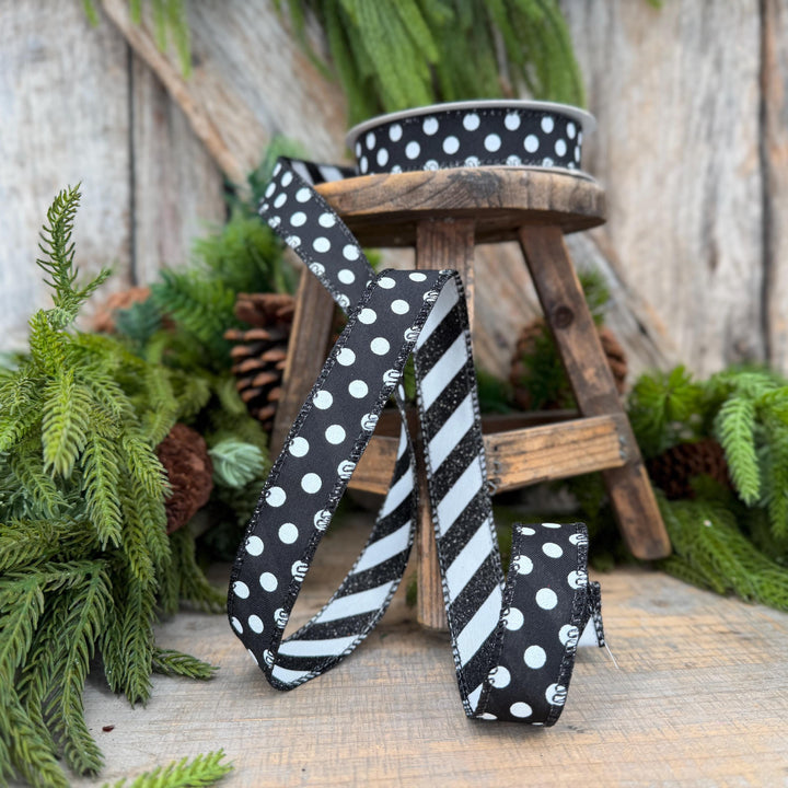 7/8" Black White Polka Dot &amp; Glitter Candy Stripe Wired Ribbon, 10 Yard Roll
