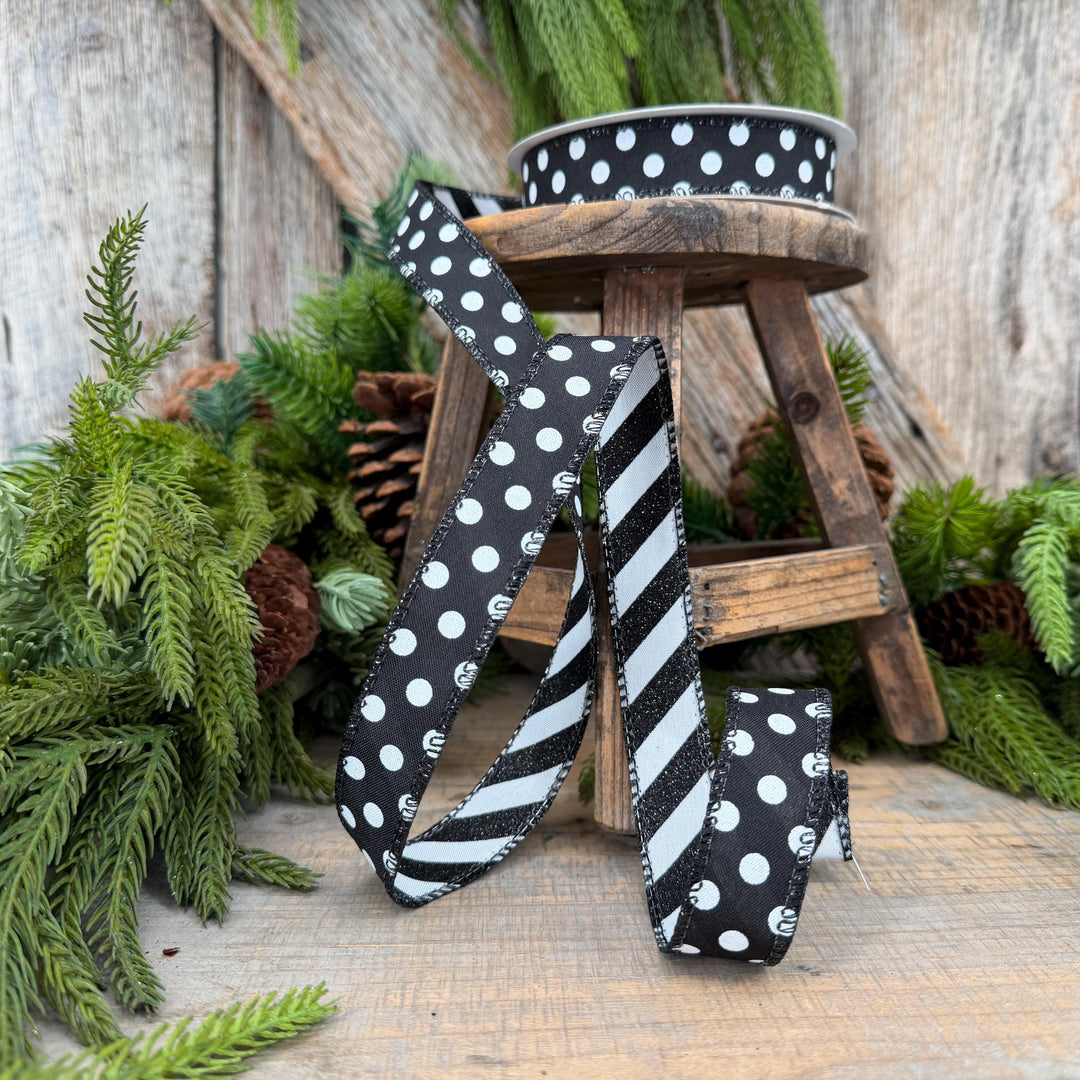 7/8" Black White Polka Dot &amp; Glitter Candy Stripe Wired Ribbon, 10 Yard Roll
