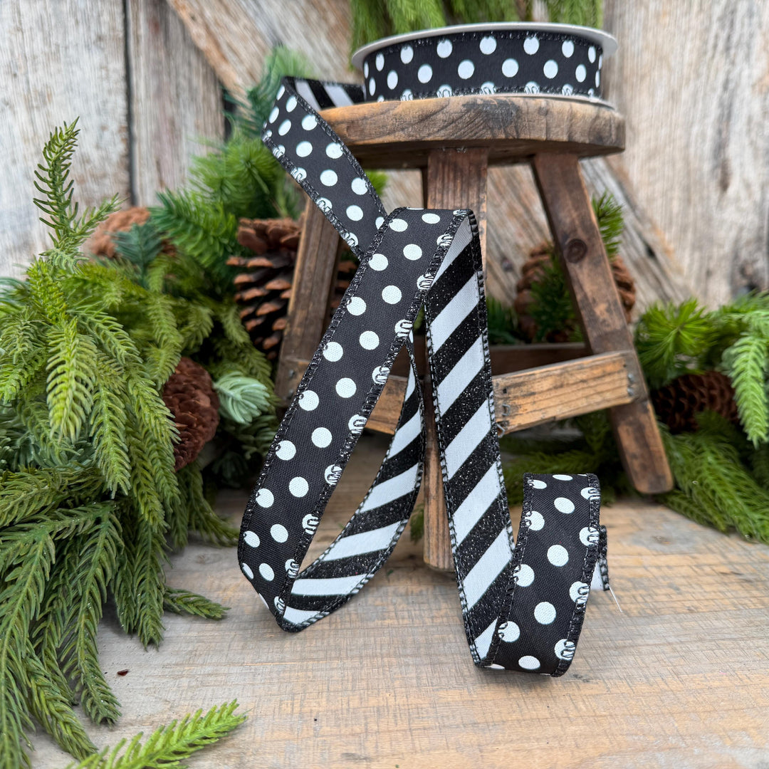 7/8" Black White Polka Dot & Glitter Candy Stripe Wired Ribbon, 10 Yard Roll