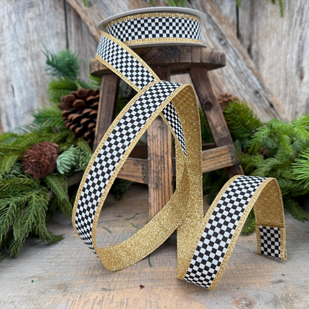1" Black White Check Gold Glitter Wired Ribbon, 10 Yard Roll