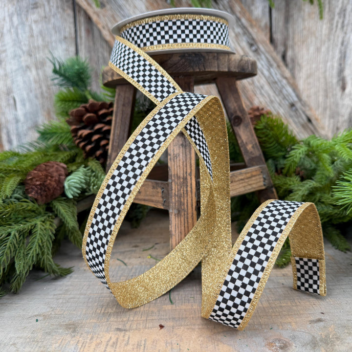 1" Black White Check Gold Glitter Wired Ribbon, 10 Yard Roll