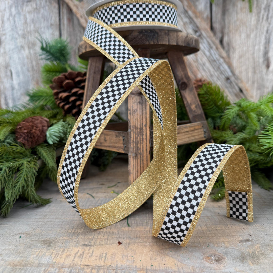 1" Black White Check Gold Glitter Wired Ribbon, 10 Yard Roll