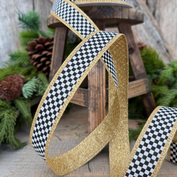 1" Black White Check Gold Glitter Wired Ribbon, 10 Yard Roll