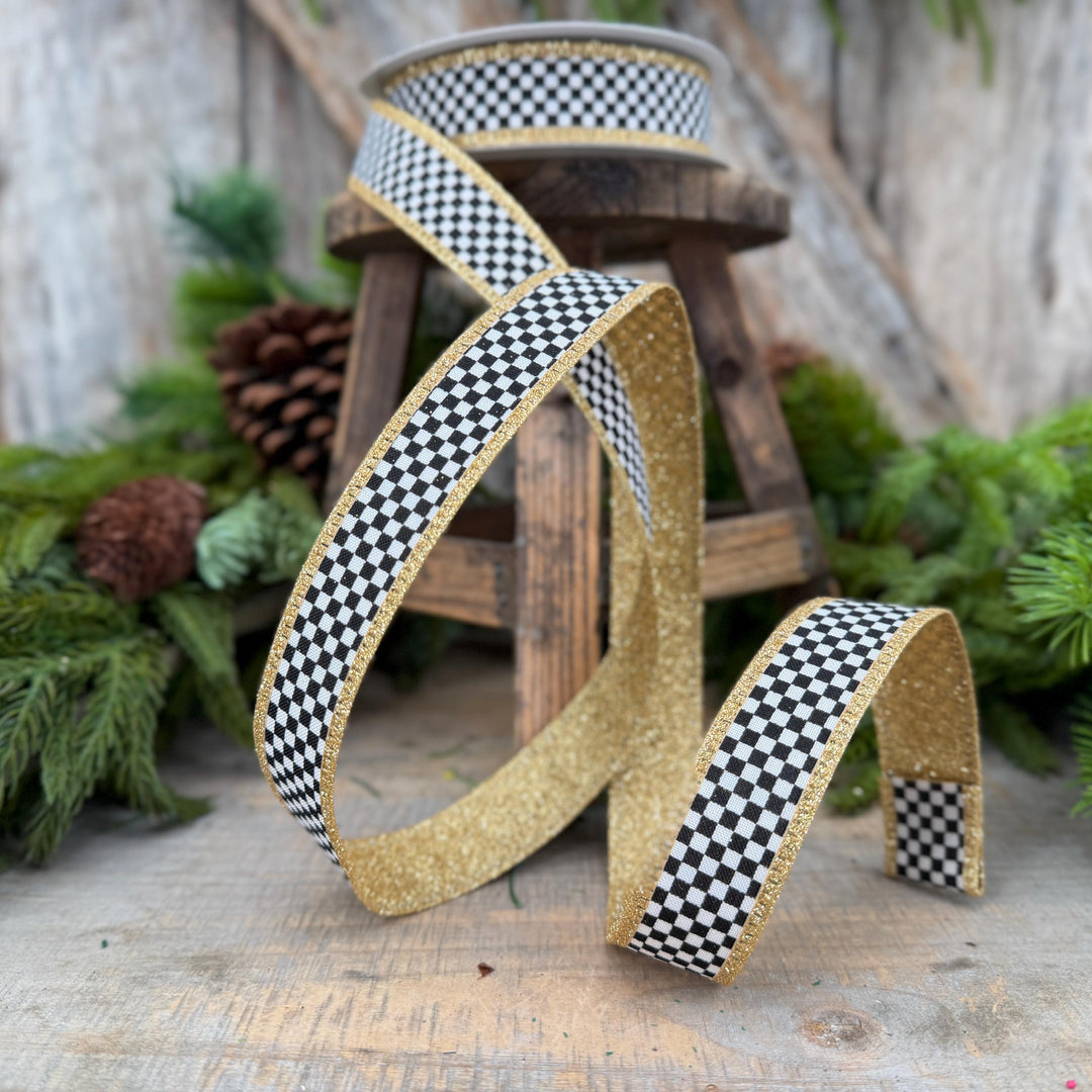1" Black White Check Gold Glitter Wired Ribbon, 10 Yard Roll
