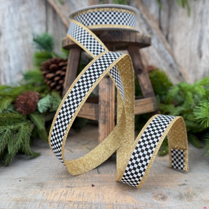 1" Black White Check Gold Glitter Wired Ribbon, 10 Yard Roll