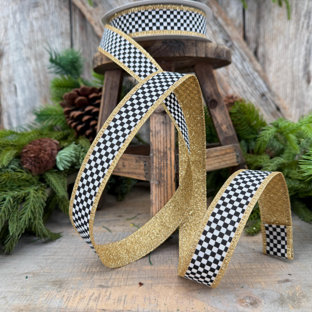 1" Black White Check Gold Glitter Wired Ribbon, 10 Yard Roll
