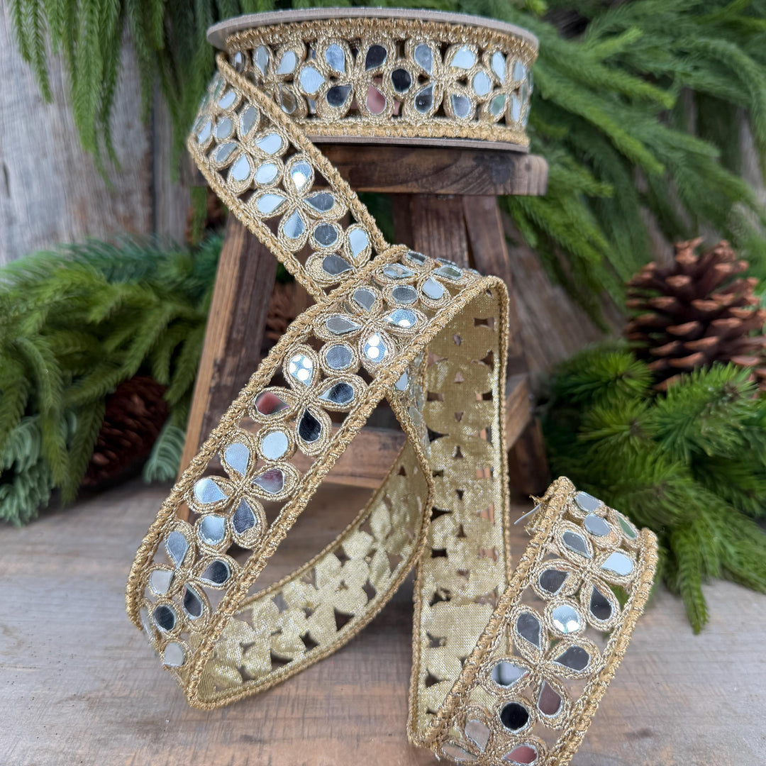 1.5" Jeweled Ribbon, Farrisilk Gold Silver Golden Shard Ribbon, Christmas Ribbon