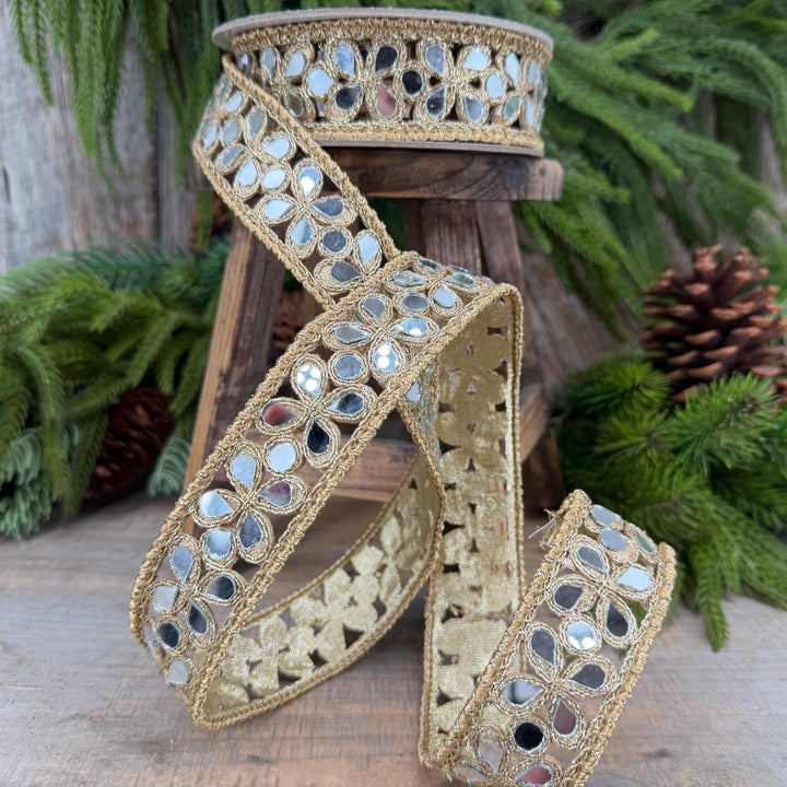 1.5" Jeweled Ribbon, Farrisilk Gold Silver Golden Shard Ribbon, Christmas Ribbon