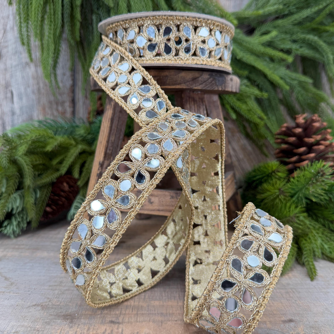 1.5" Jeweled Ribbon, Farrisilk Gold Silver Golden Shard Ribbon, Christmas Ribbon
