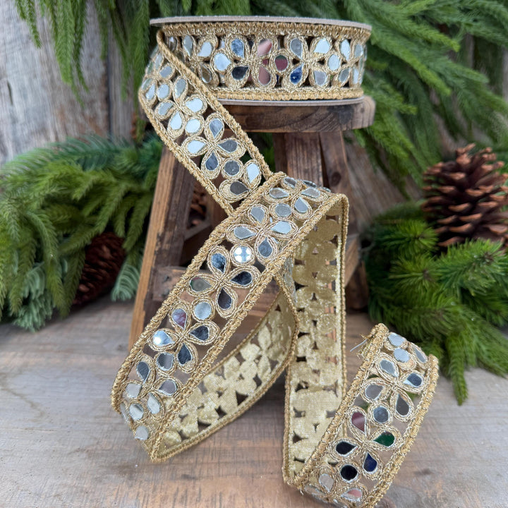 1.5" Jeweled Ribbon, Farrisilk Gold Silver Golden Shard Ribbon, Christmas Ribbon