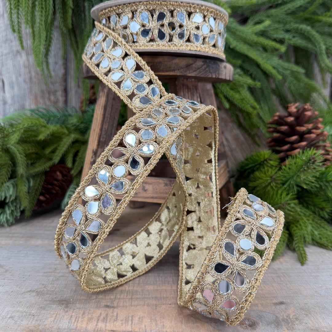 1.5" Jeweled Ribbon, Farrisilk Gold Silver Golden Shard Ribbon, Christmas Ribbon
