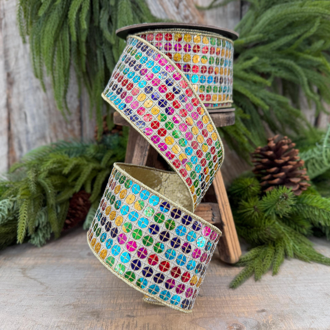 3.25" Rainbow Sequin Ribbon, Colorful Christmas Ribbon