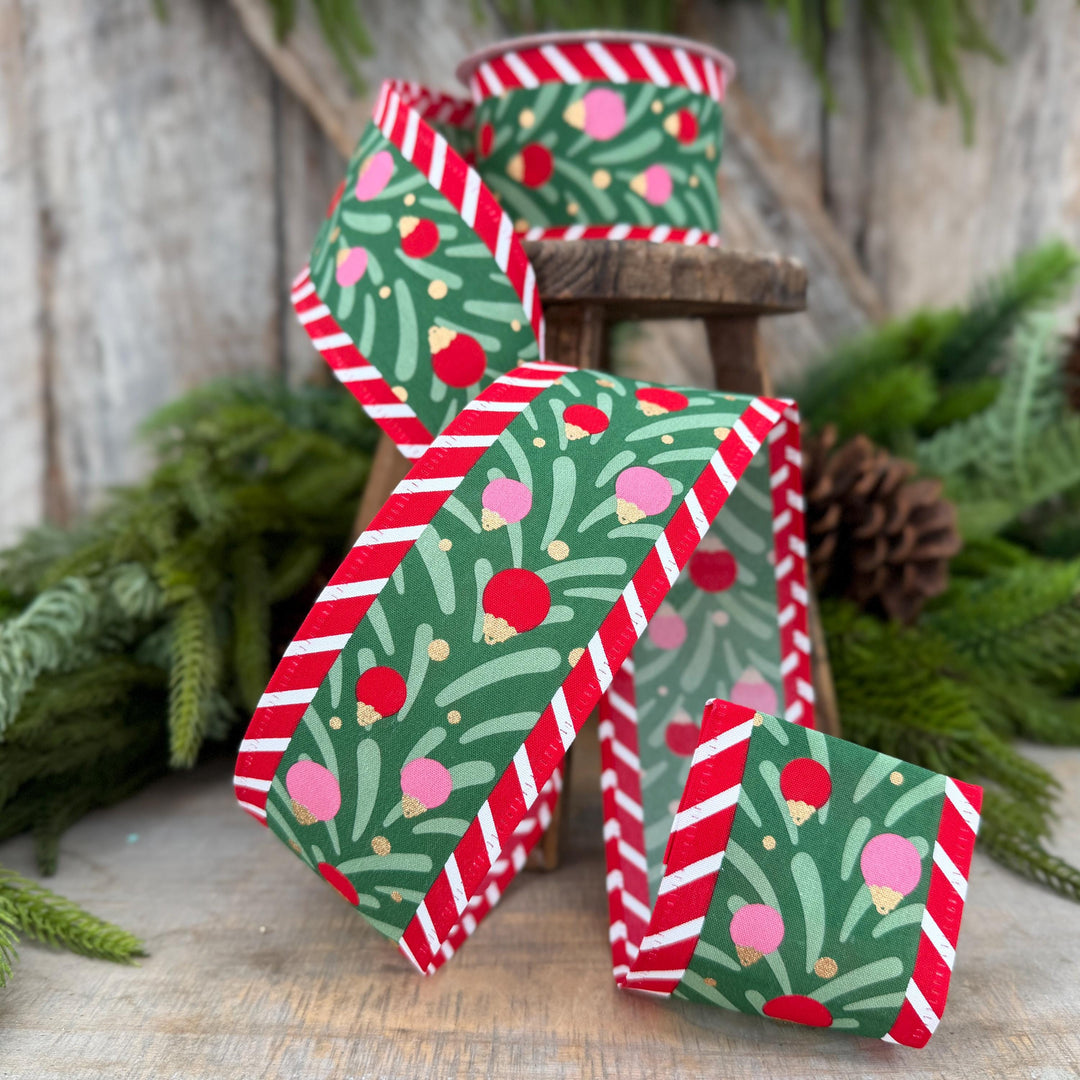 2.5" Red Pink Green Ribbon with Ornaments Candy Stripe Edge 10 Yard Roll