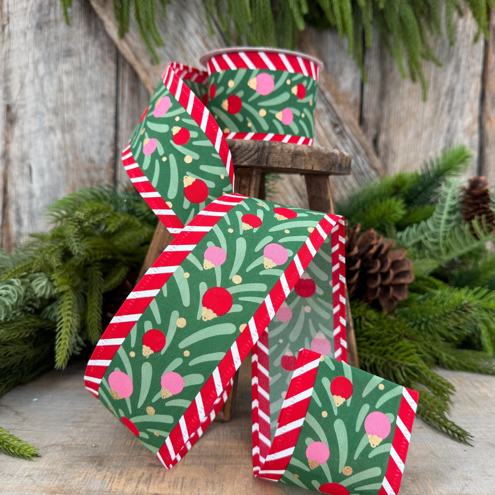 2.5" Red Pink Green Ribbon with Ornaments Candy Stripe Edge 10 Yard Roll