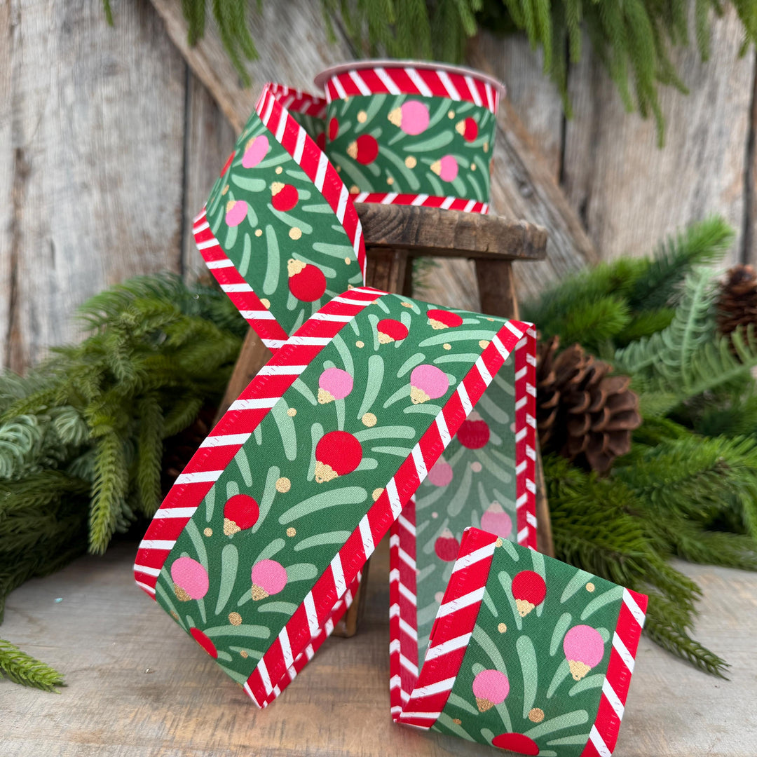 2.5" Red Pink Green Ribbon with Ornaments Candy Stripe Edge 10 Yard Roll