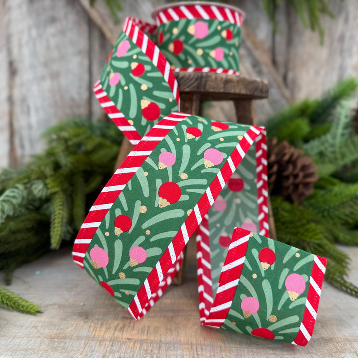 2.5" Red Pink Green Ribbon with Ornaments Candy Stripe Edge 10 Yard Roll