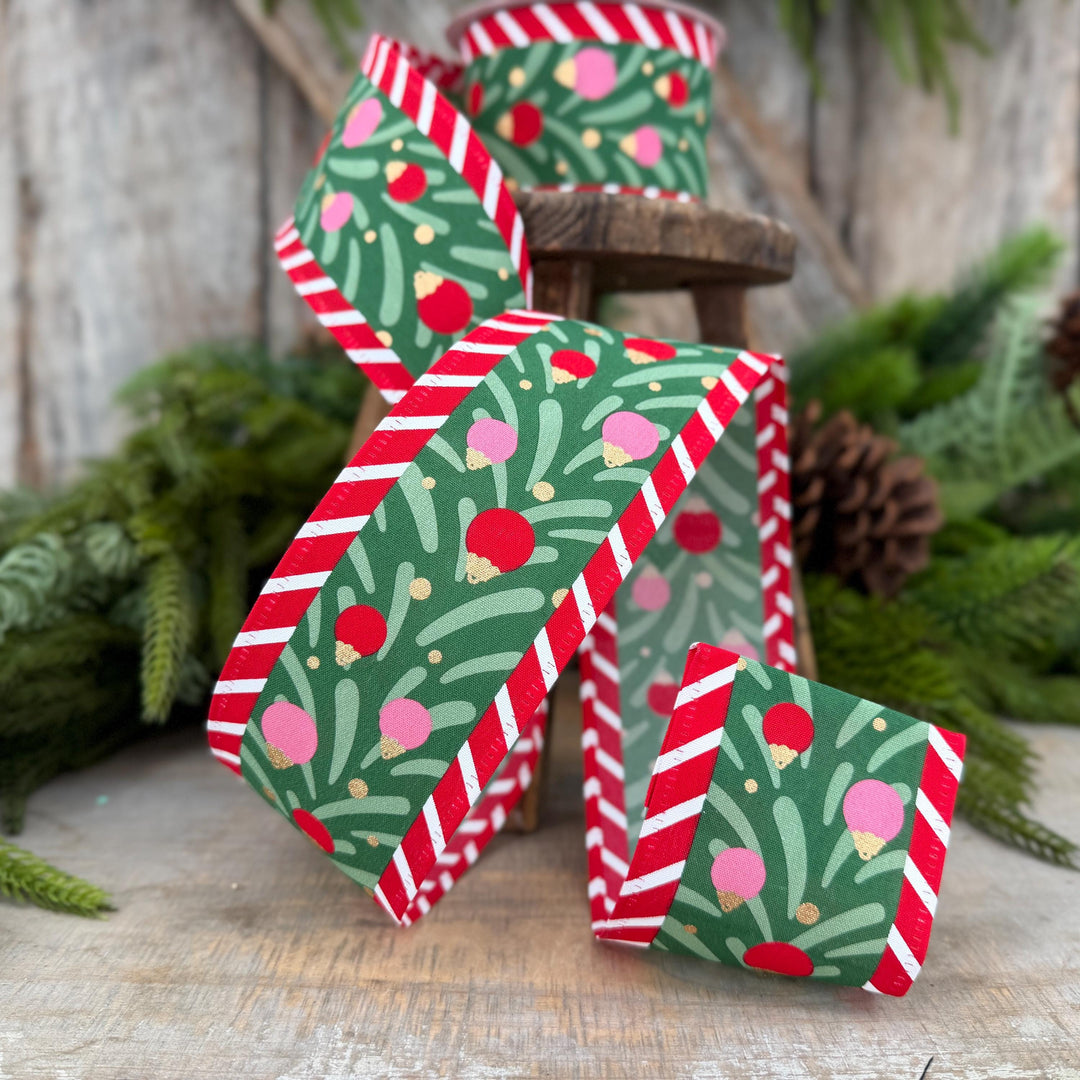 2.5" Red Pink Green Ribbon with Ornaments Candy Stripe Edge 10 Yard Roll