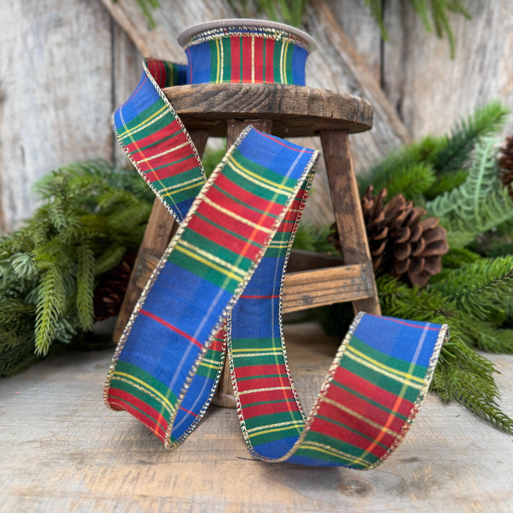 1.5" Blue Tartan Plaid Ribbon, Christmas Plaid Wired Ribbon, Blue Chirstmas Plaid RIbbon