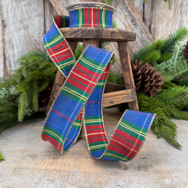 1.5" Blue Tartan Plaid Ribbon, Christmas Plaid Wired Ribbon, Blue Chirstmas Plaid RIbbon