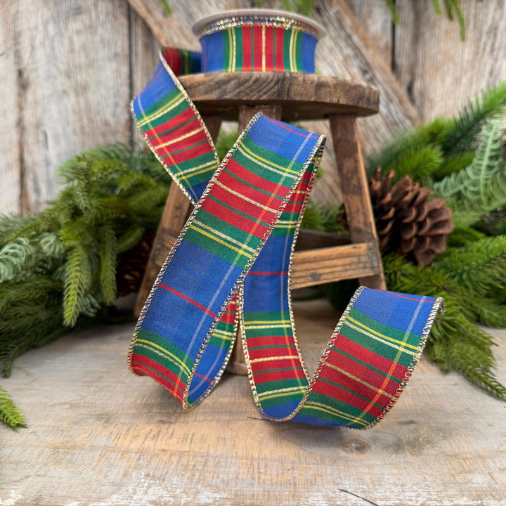 1.5" Blue Tartan Plaid Ribbon, Christmas Plaid Wired Ribbon, Blue Chirstmas Plaid RIbbon