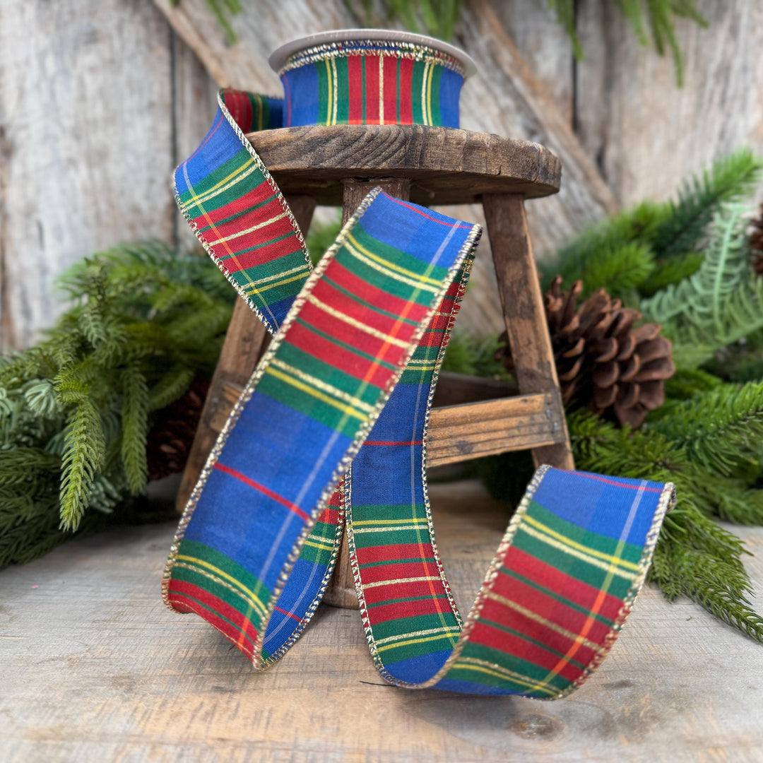 1.5" Blue Tartan Plaid Ribbon, Christmas Plaid Wired Ribbon, Blue Chirstmas Plaid RIbbon